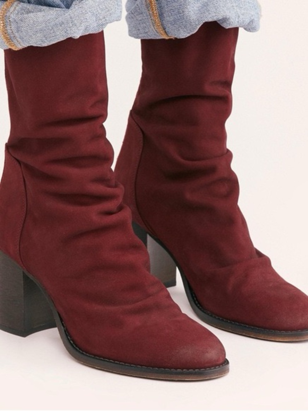 Free People Burgundy Suede Mid-Calf Block Heel Boots